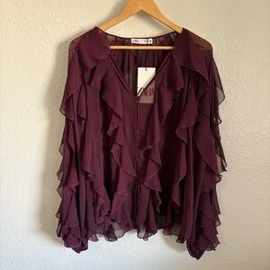 NWT Zara Purple Ruffle Blouse Button Down Front Sheer Size XL